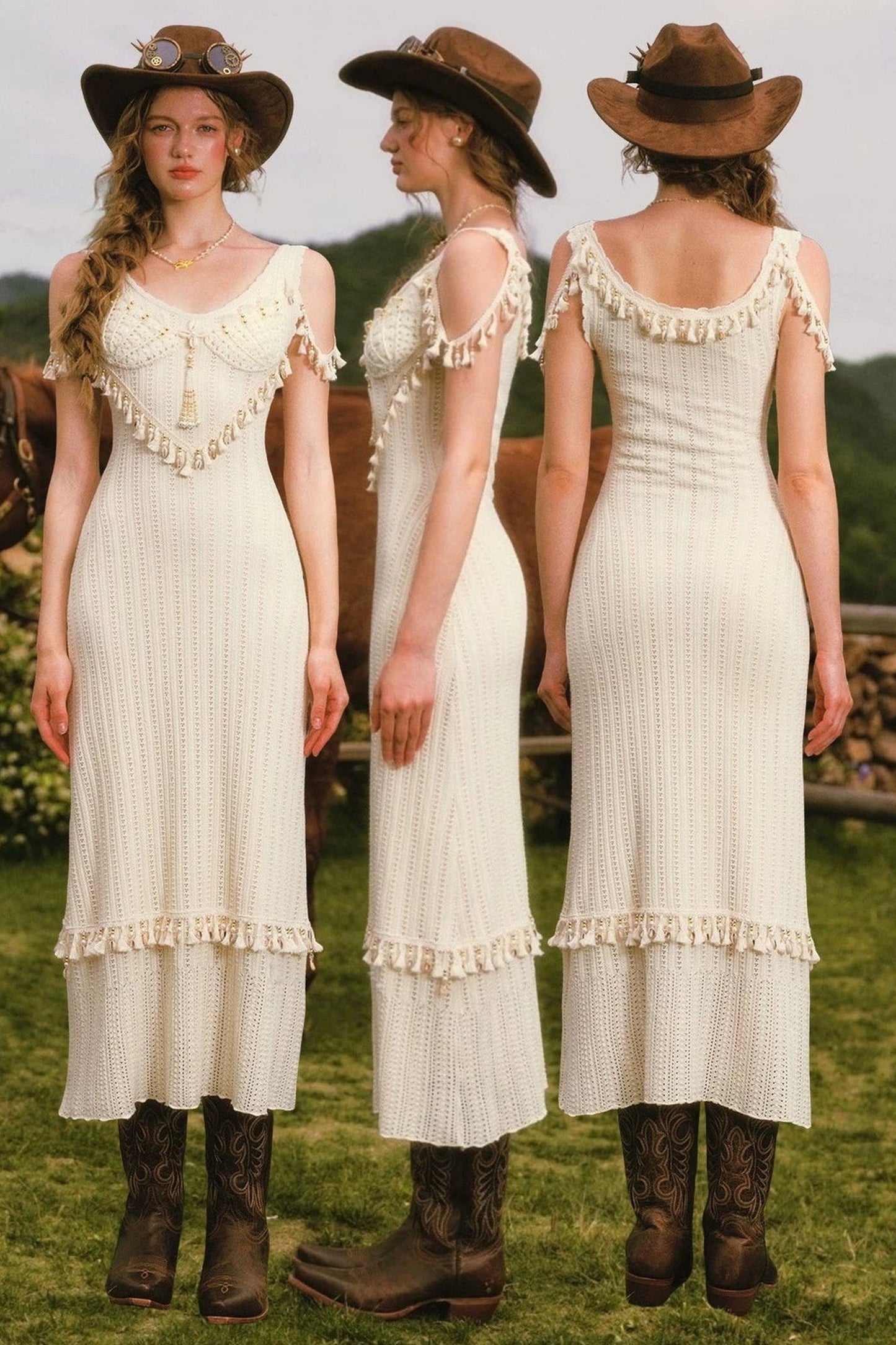 Shell White Knit Strap Dress Cardigan and Skirt Set-Up