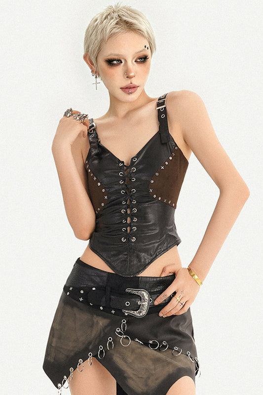 Dark Punk Leather Vest and Skirt Set-Up