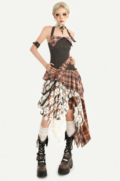 Irregular Plaid Lace Halter Dress