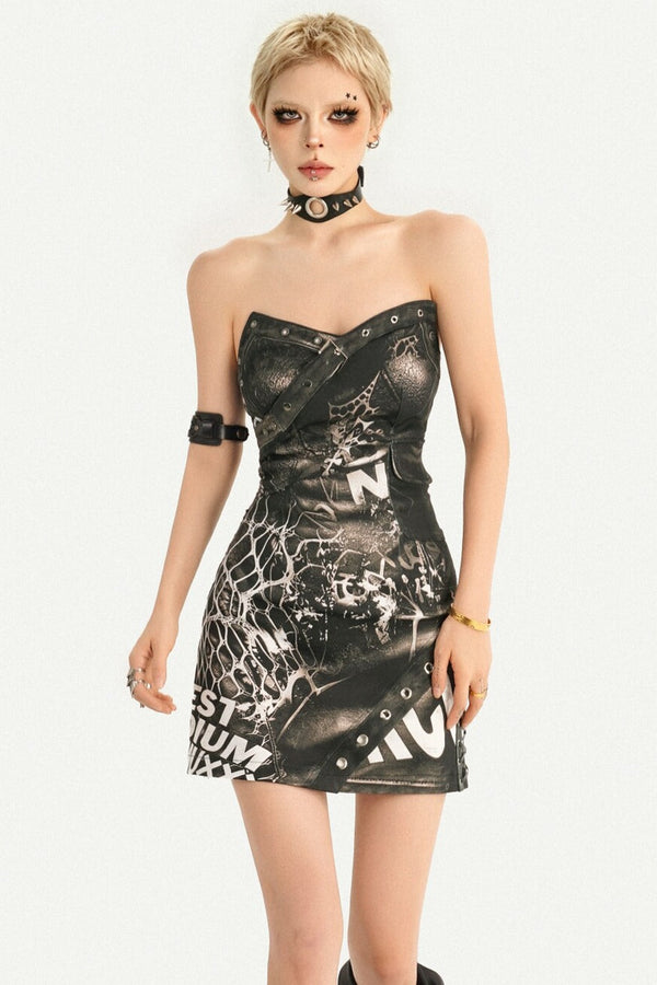 Dark Style Printed Tube Top Dress