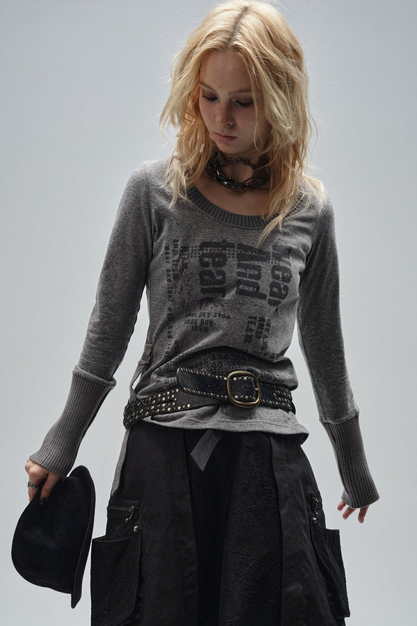 Round Neck Patchwork Sleeves Drawstring Hem Tee