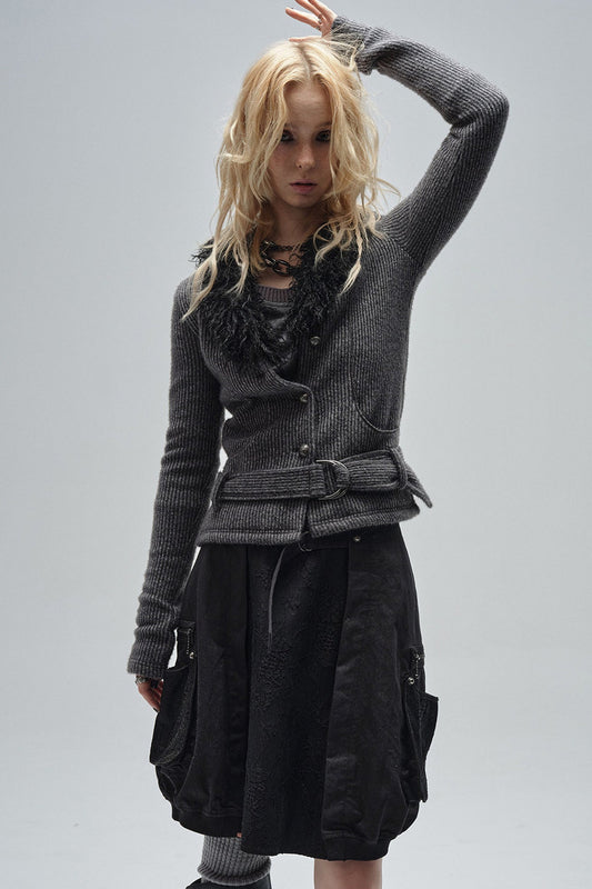 Fur Collar V-Neck Textured Knit Cardigan