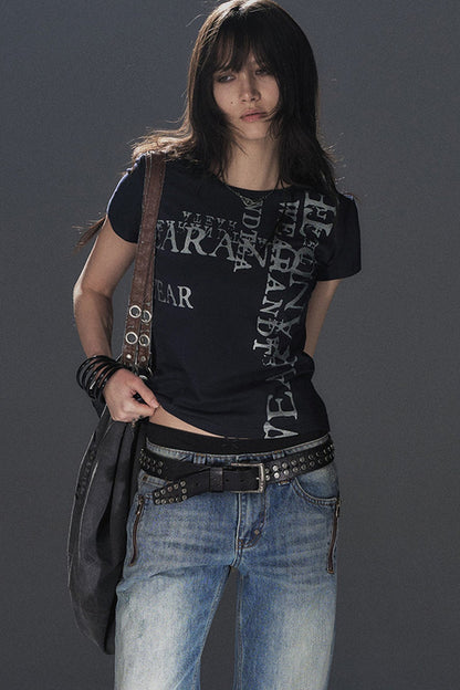 Silver Glitter Letter Print Short-Sleeve T-Shirt