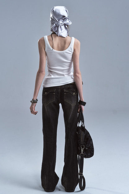 Washed Denim Flared Punk Pants