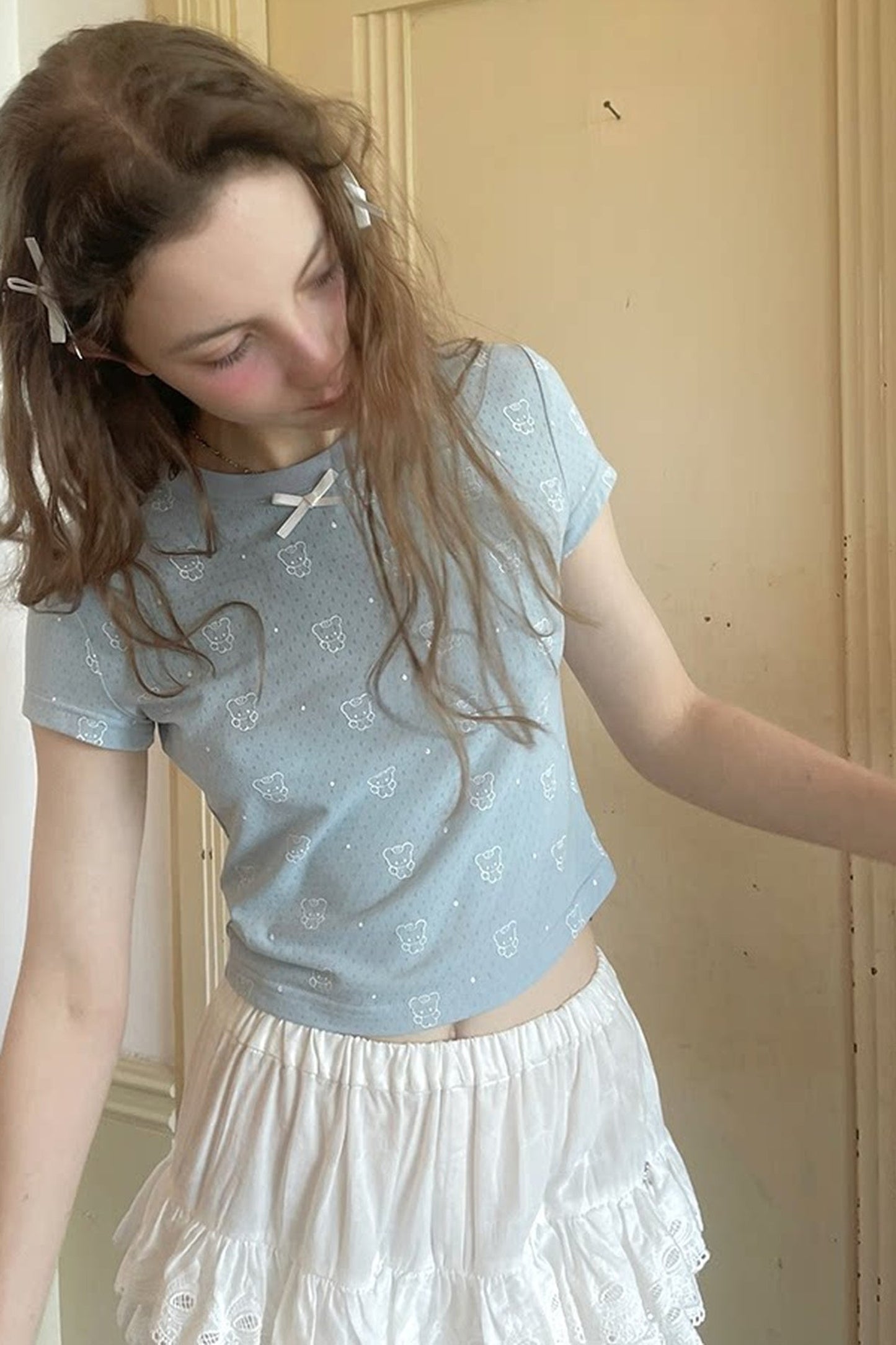 Tee-shirt à manches courtes à imprimé pois avec ours