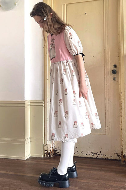 Vintage-Kurzarmkleid mit Puppen-Print