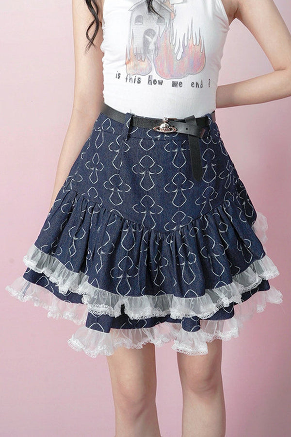 Butterfly Jacquard Lace Trim Puffy Skirt