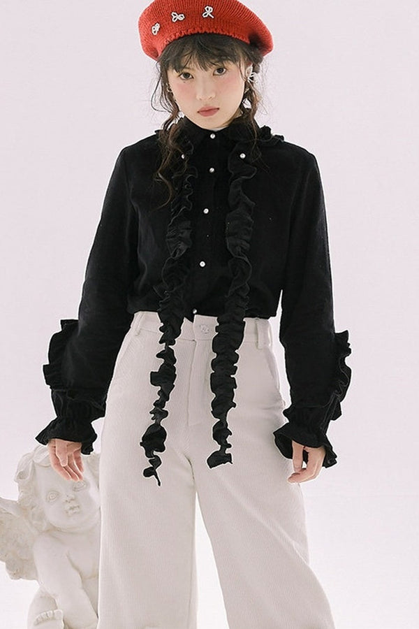 Ruffle Front Long-Sleeve Shirt
