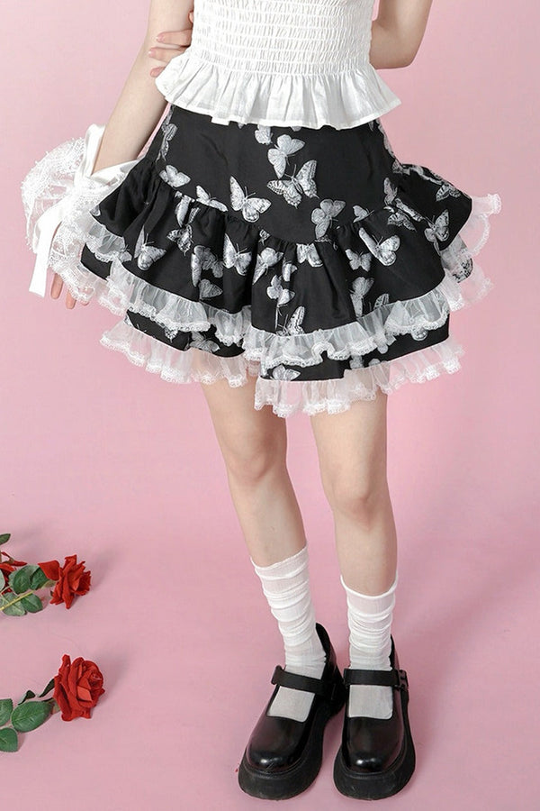 Butterfly Jacquard Lace Trim Puffy Skirt