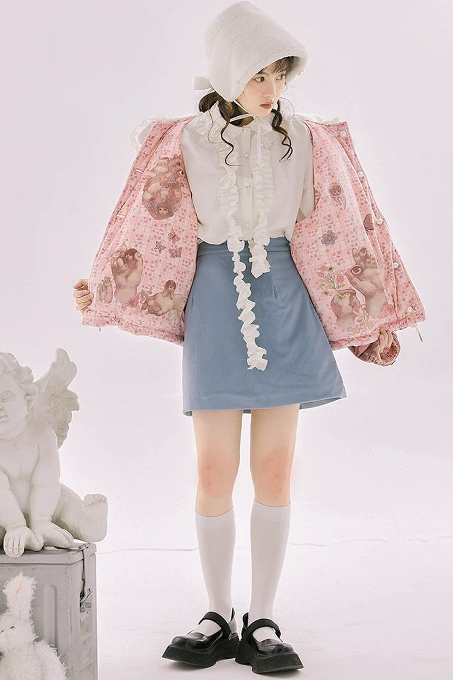 Blue Quilted Velvet A-Line Skirt