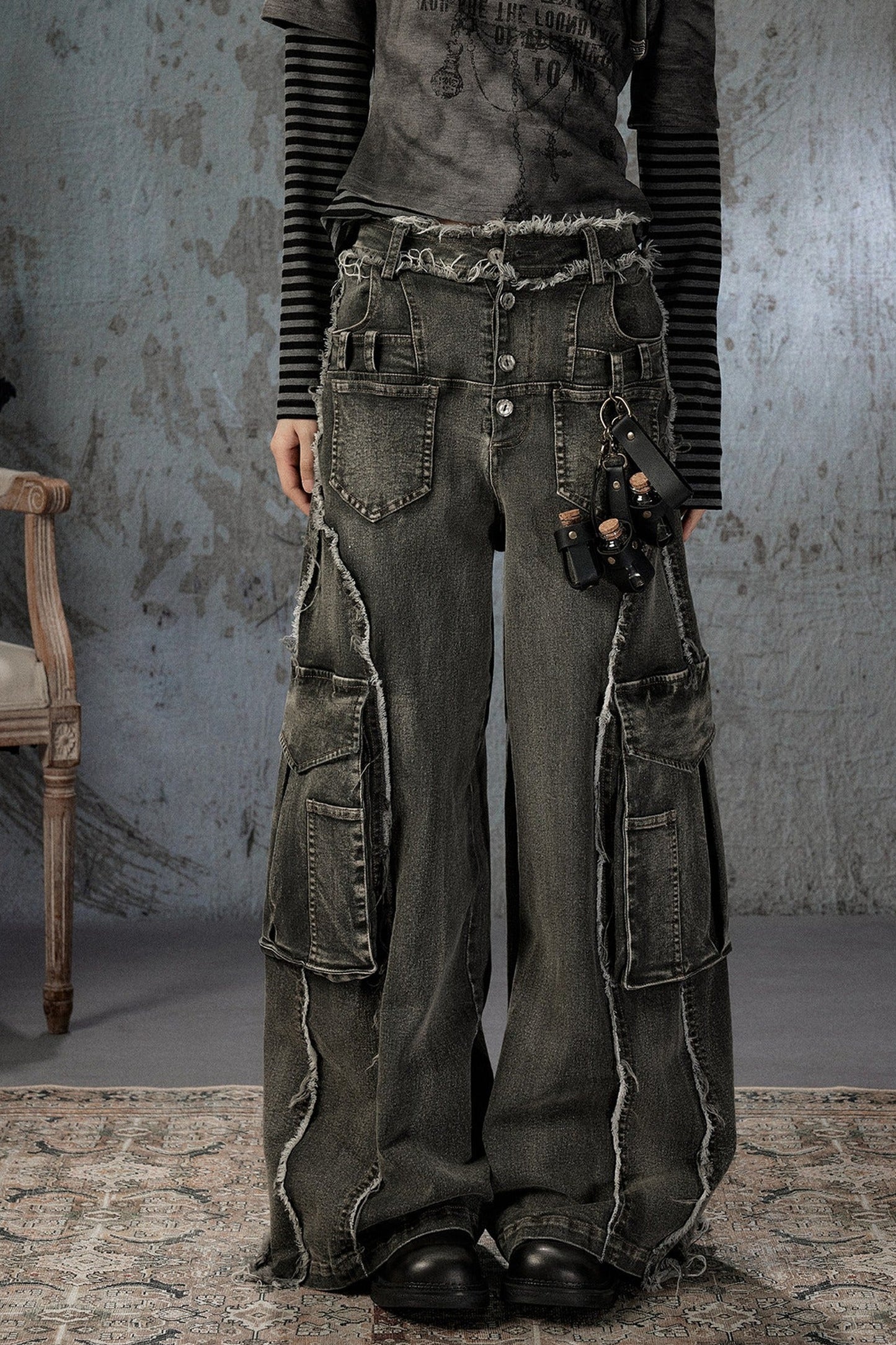 Vintage Washed Wide-Leg Large Patch Pockets Jeans