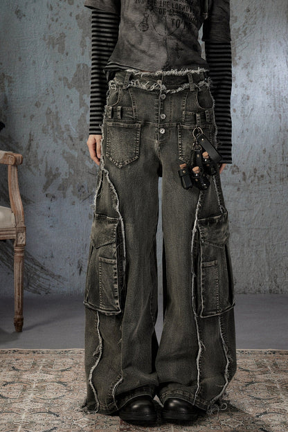 Vintage Washed Wide-Leg Large Patch Pockets Jeans