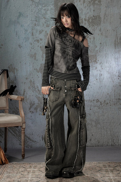Vintage Washed Wide-Leg Large Patch Pockets Jeans