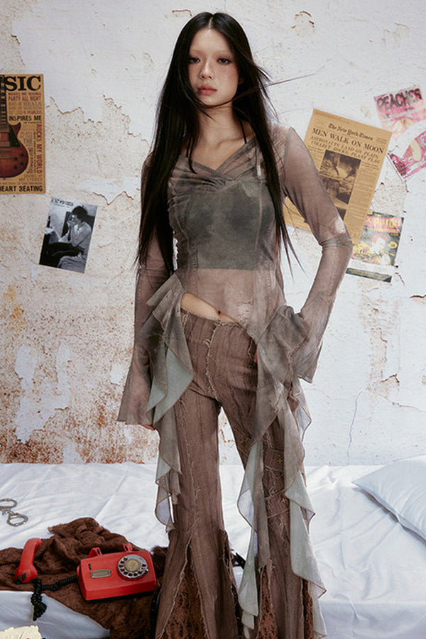 Semi-Sheer Ruffle Mesh Top