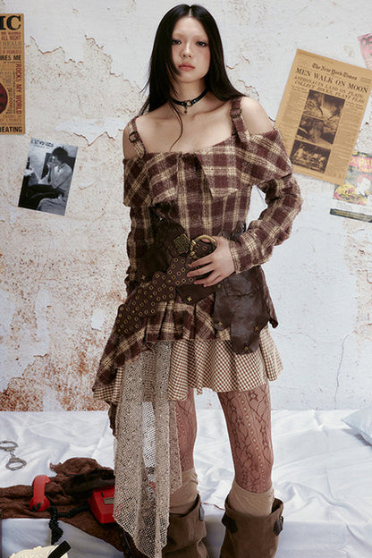 Off-Shoulder Plaid Ruffle Dress