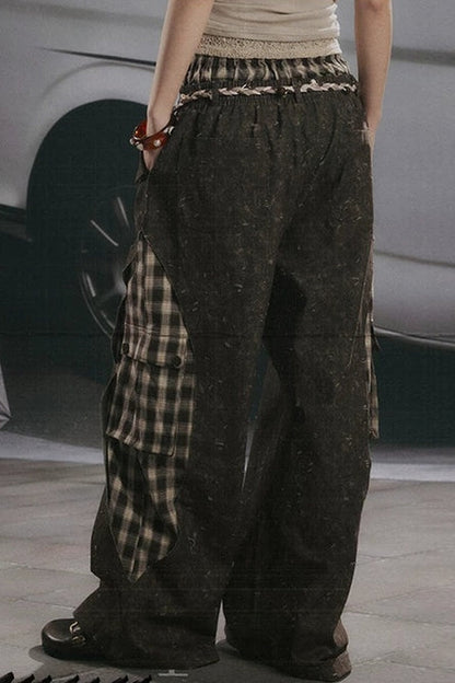 Pantalon large patchwork à carreaux