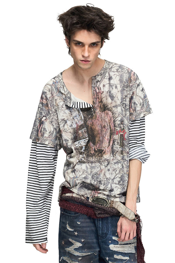 Striped Layered-Look Classical Print T-shirt