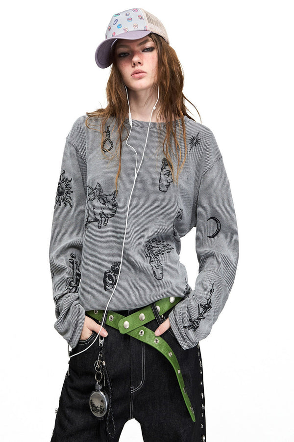 Distressed Skull Print Waffle Long-Sleeve T-Shirt