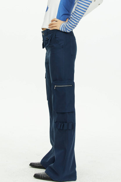 Navy Blue Multi-Pocket Wide-Leg Pants
