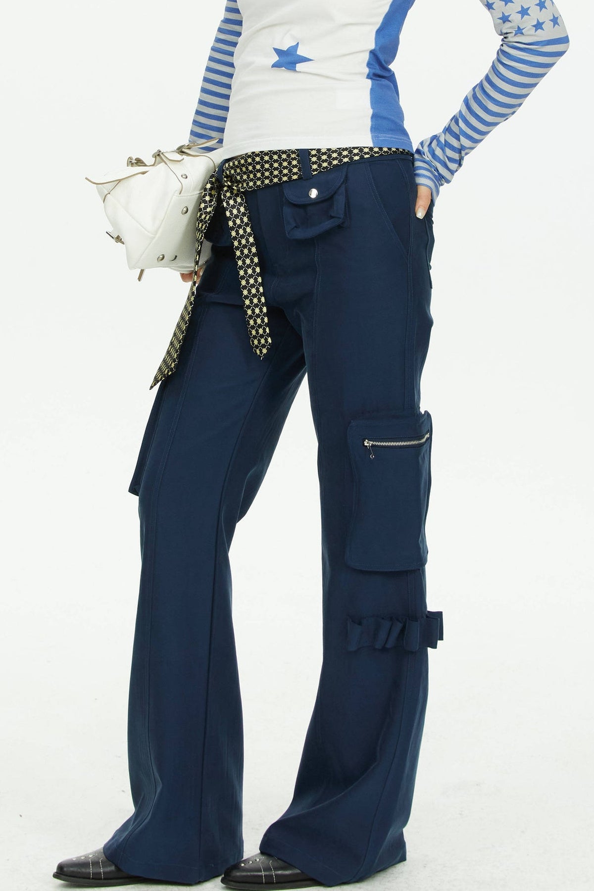 Navy Blue Multi-Pocket Wide-Leg Pants