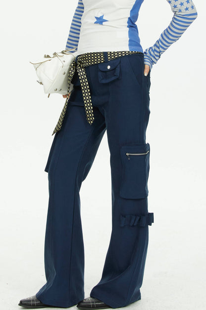 Navy Blue Multi-Pocket Wide-Leg Pants