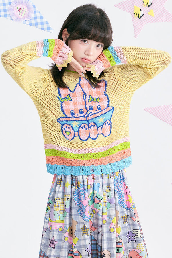 Yellow Heart Hollow Mesh Knit Sweater
