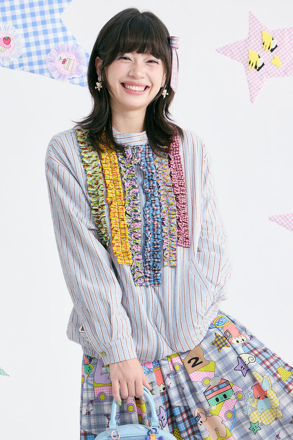 Blue White Striped Lace Trim Stand Collar Sweatshirt