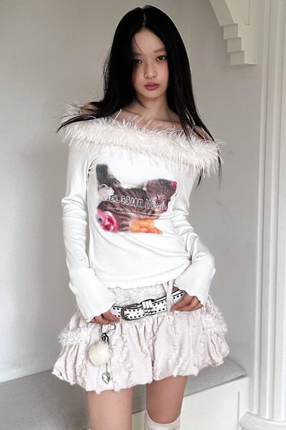 Long Sleeve Cat Print Furry Top