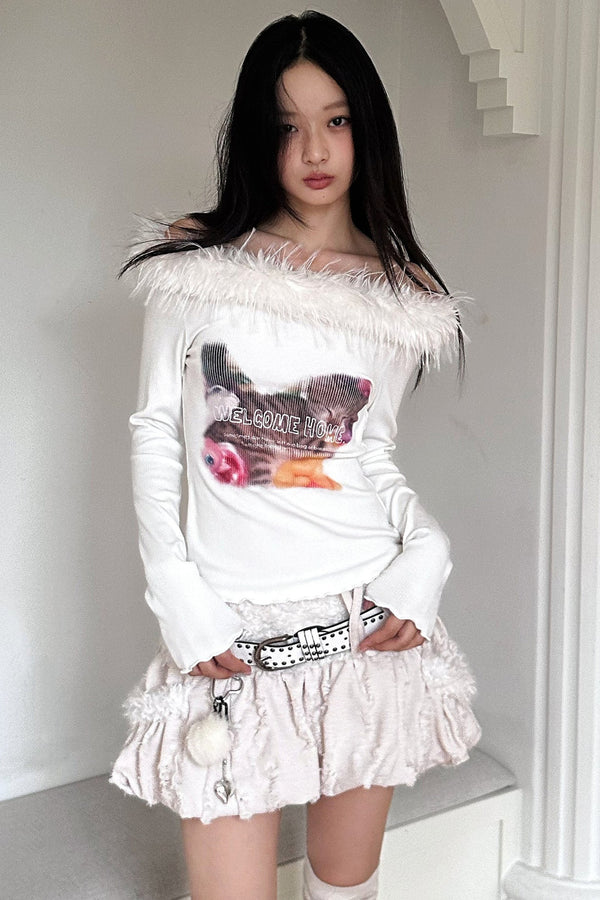 Long Sleeve Cat Print Furry Top