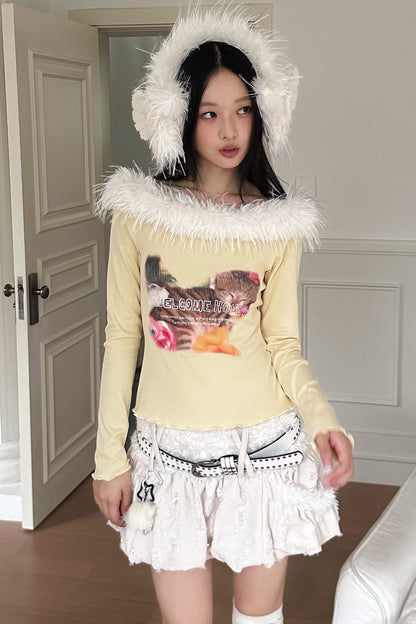 Long Sleeve Cat Print Furry Top