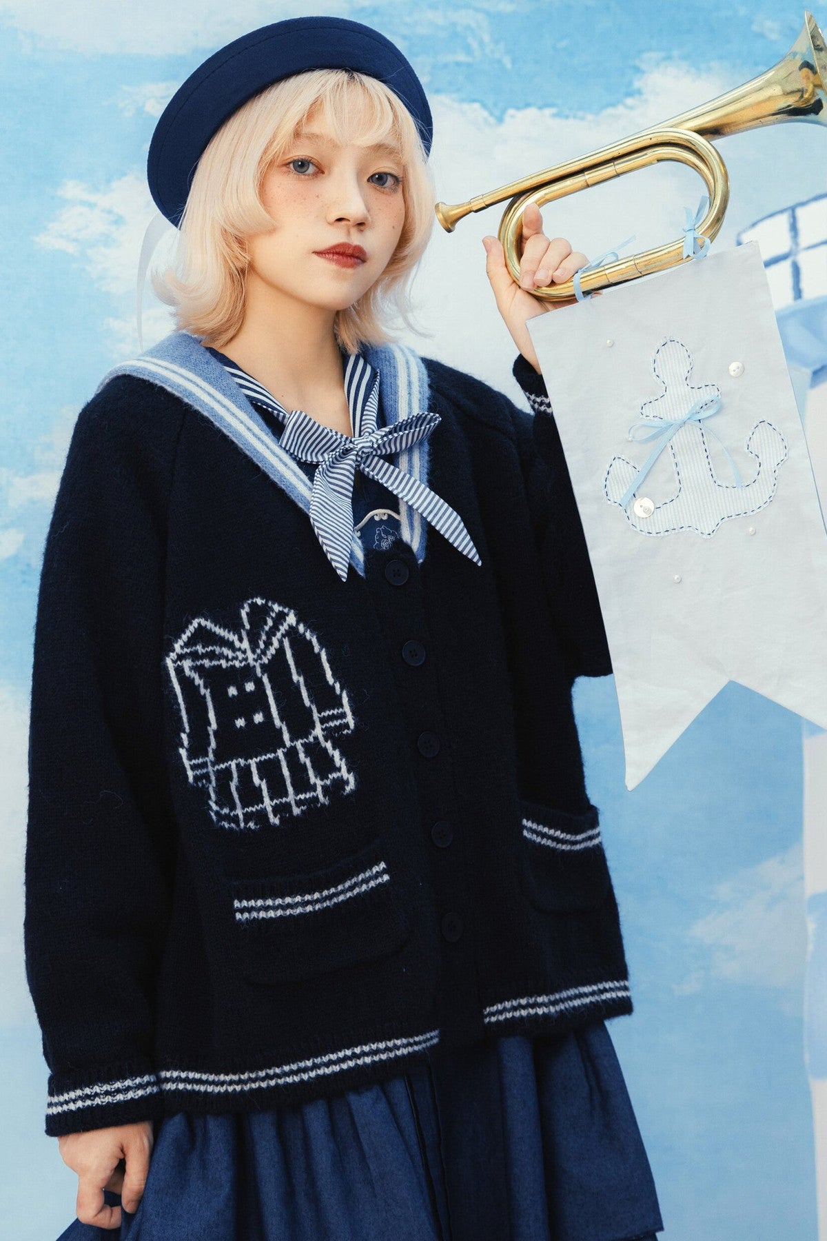 Scissors Pattern Sailor Collar Knit Cardigan