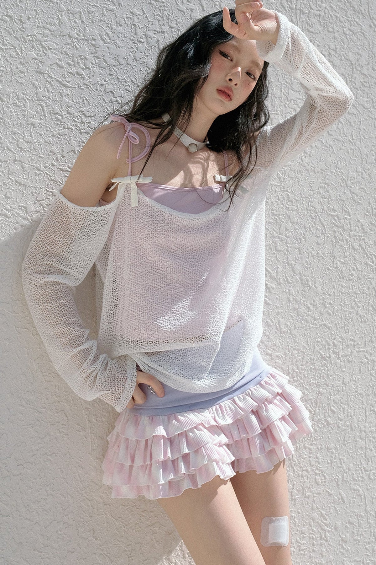 Schulterfreies Mesh-Camisole mit Schleifenband und Überwurf-Set