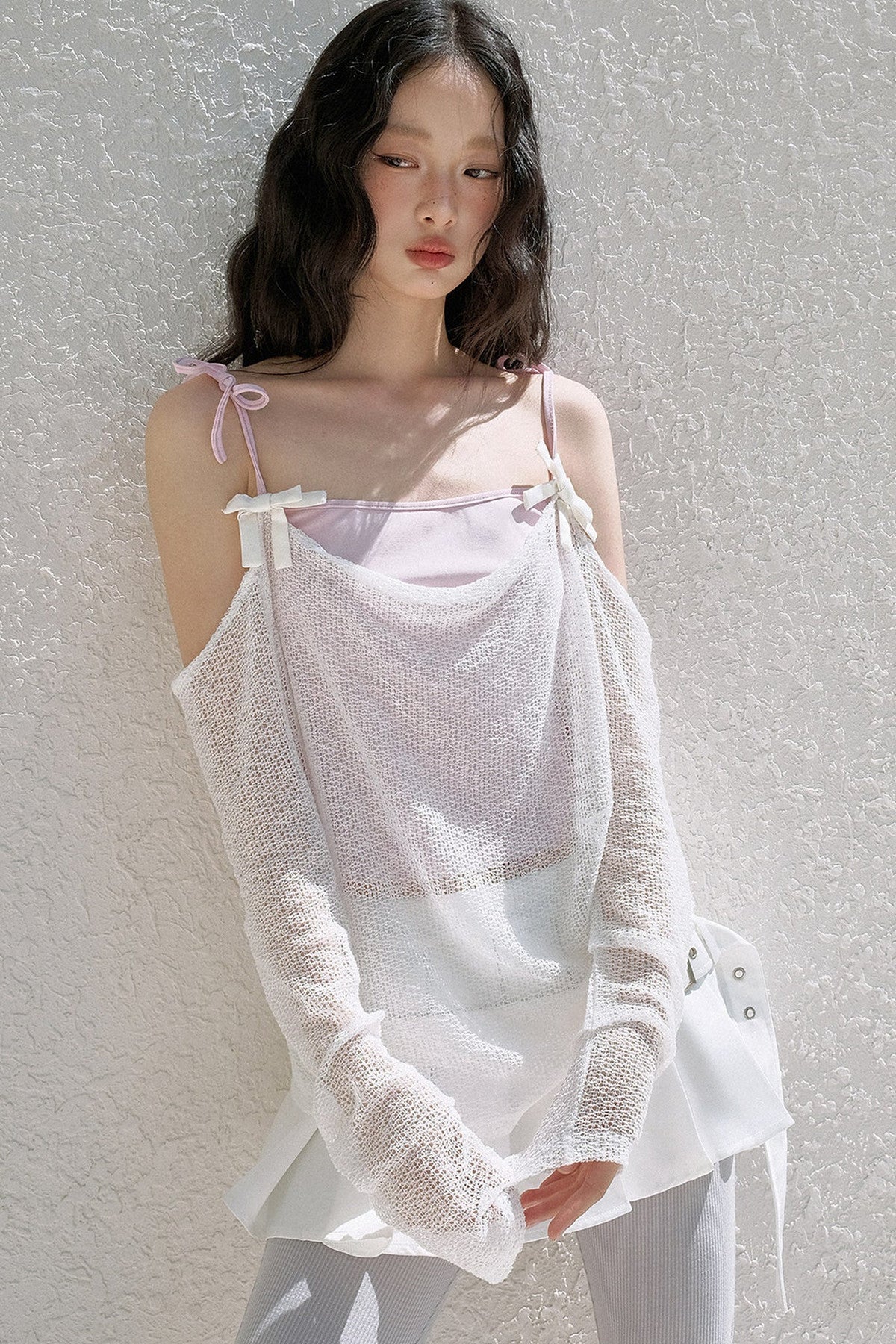 Schulterfreies Mesh-Camisole mit Schleifenband und Überwurf-Set