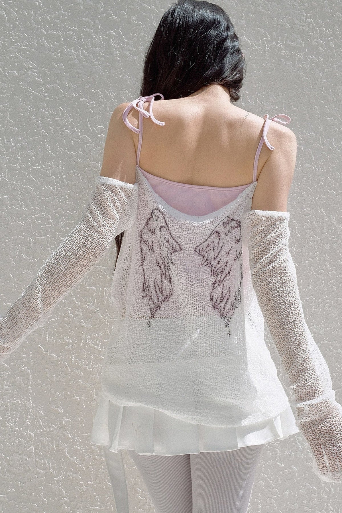 Schulterfreies Mesh-Camisole mit Schleifenband und Überwurf-Set