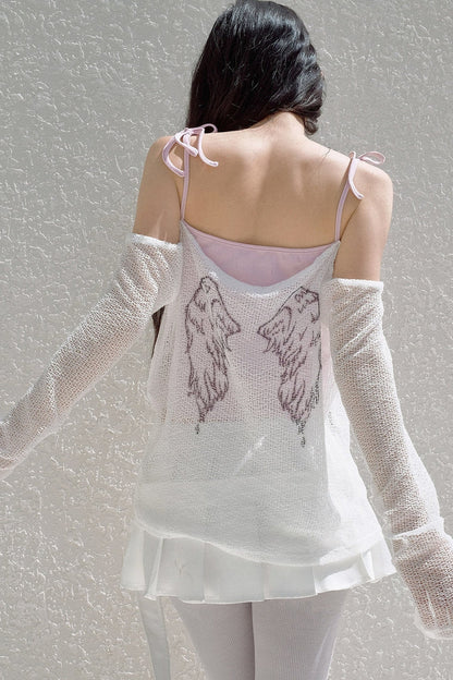 Schulterfreies Mesh-Camisole mit Schleifenband und Überwurf-Set