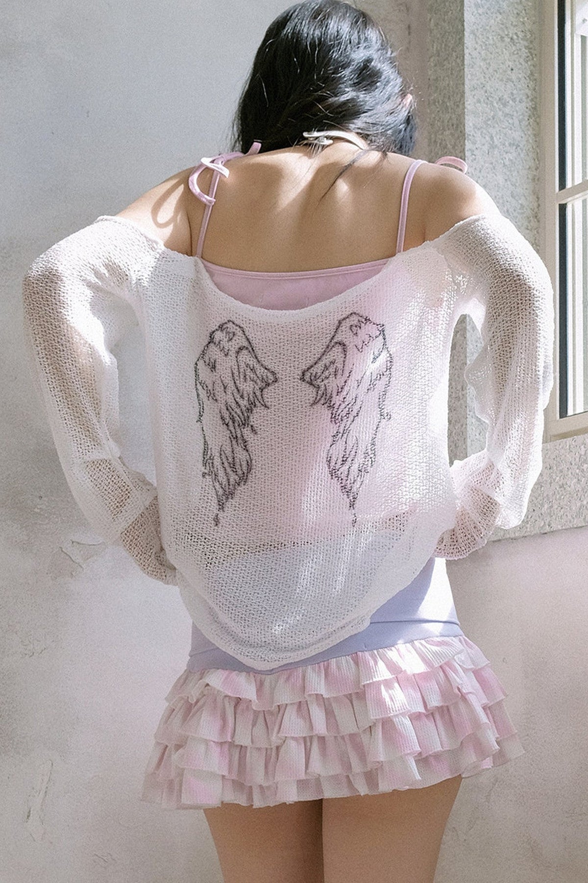 Schulterfreies Mesh-Camisole mit Schleifenband und Überwurf-Set