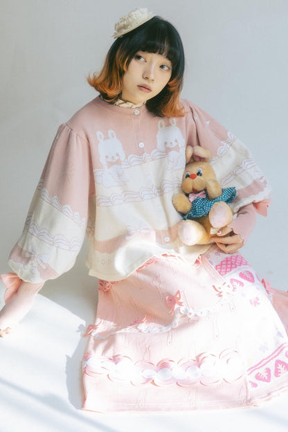 Cardigan a maglia con fiocco e coniglio