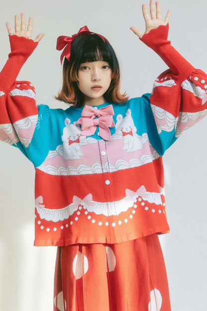 Cardigan a maglia con fiocco e coniglio