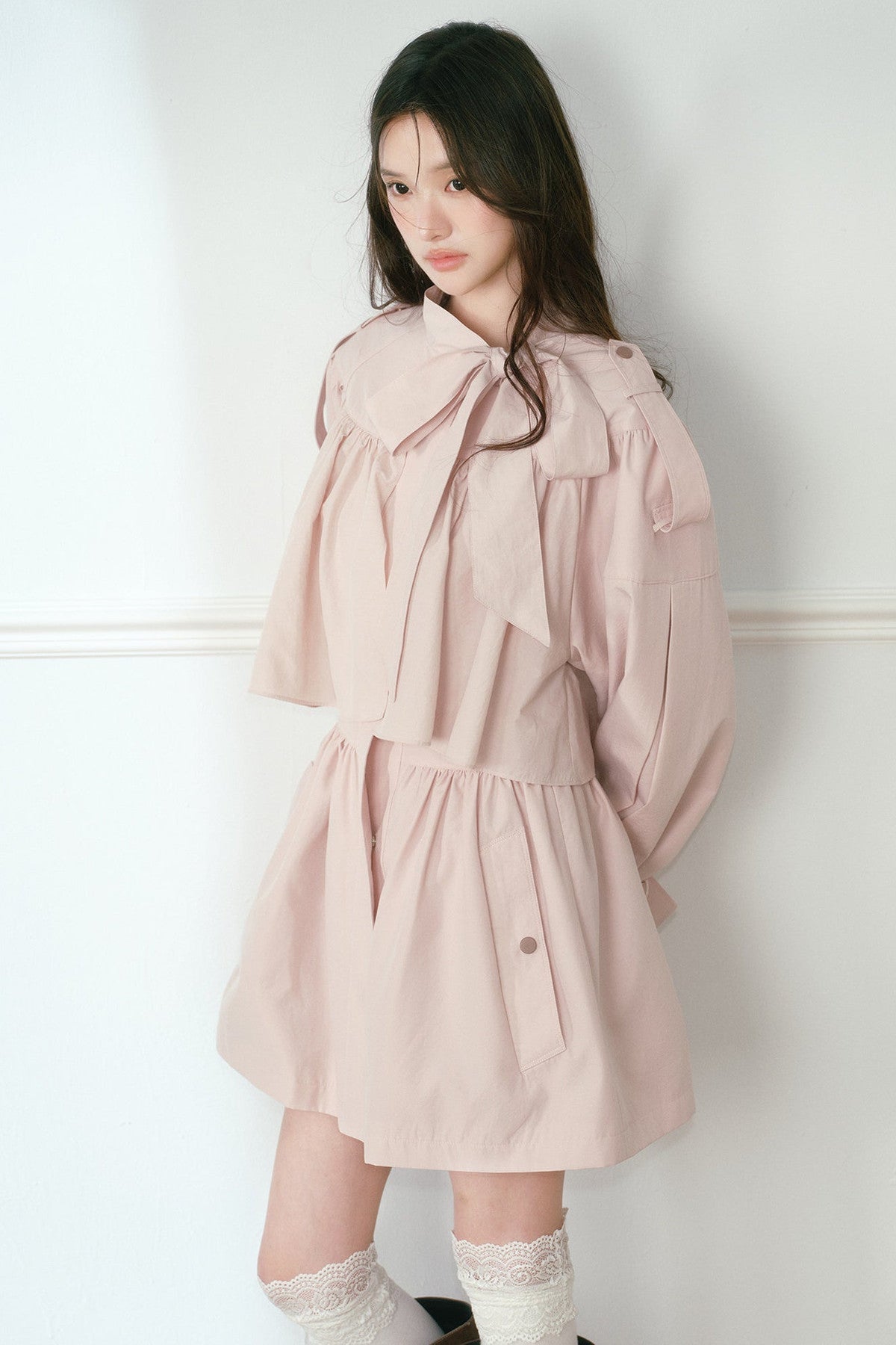 Smoky Pink Cape-Style Bow Trench Coat