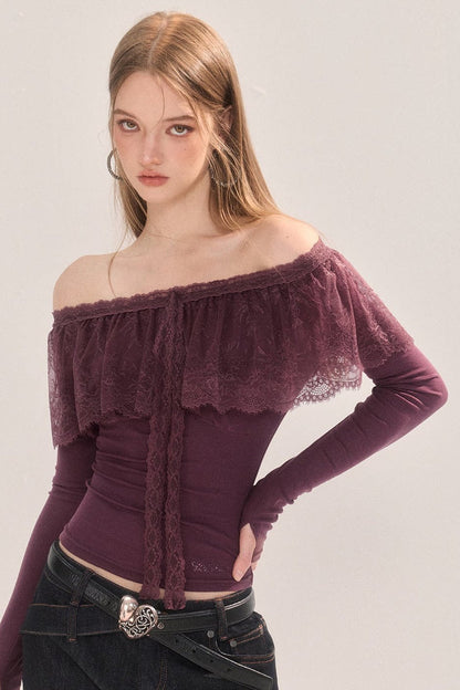 Two-Way Tencel Lace Patchwork Off-Shoulder T-Shirt