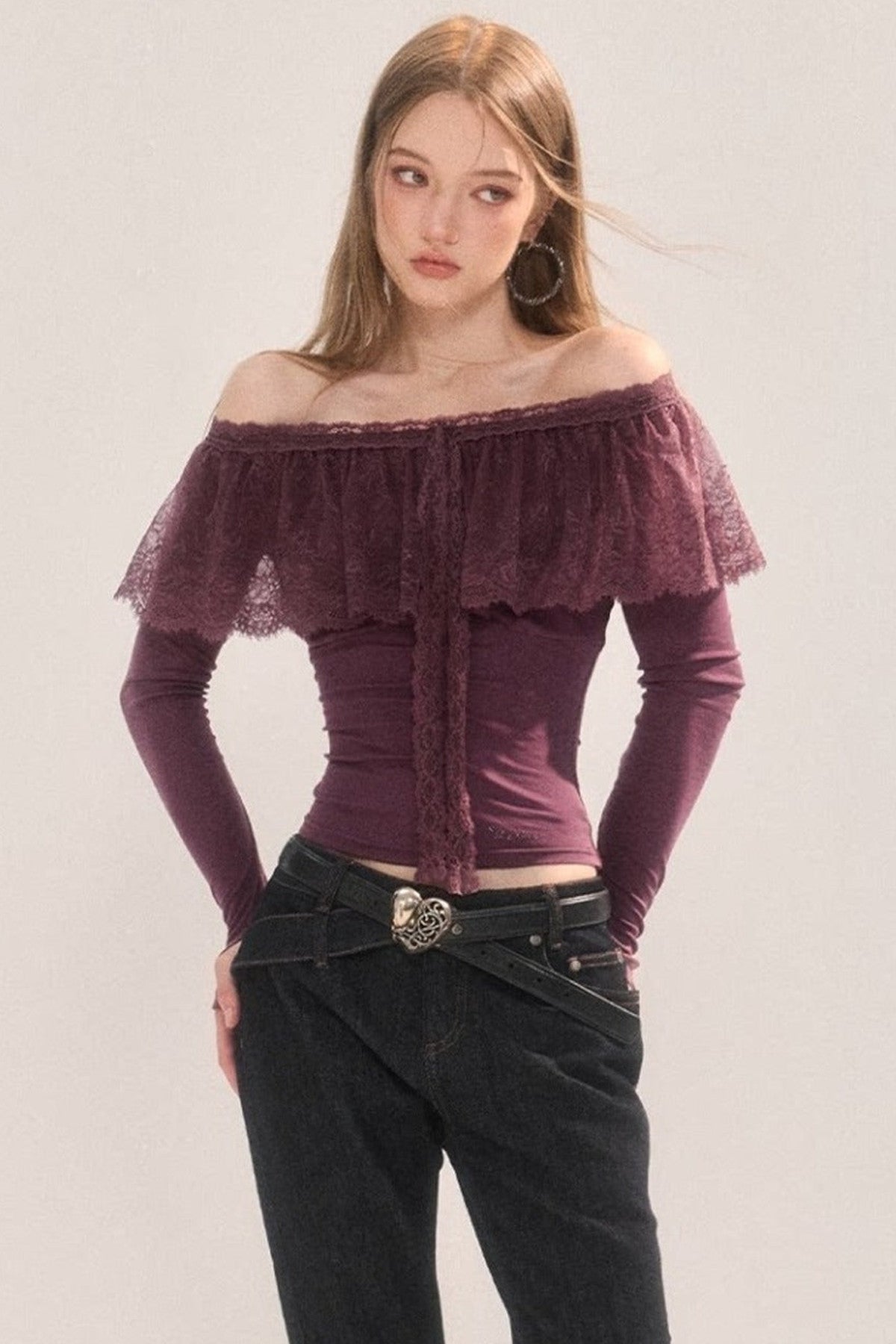 Two-Way Tencel Lace Patchwork Off-Shoulder T-Shirt