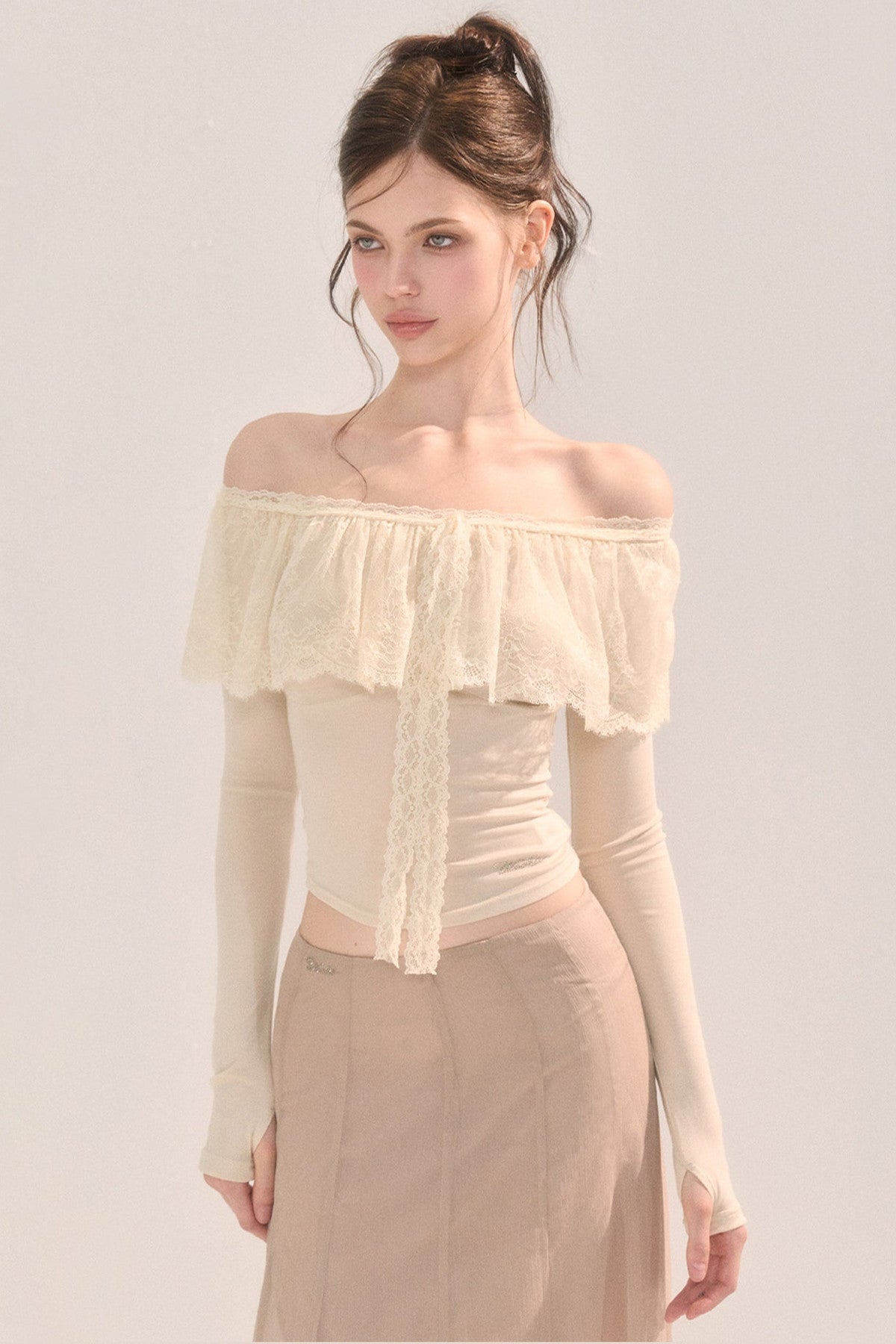 Two-Way Tencel Lace Patchwork Off-Shoulder T-Shirt