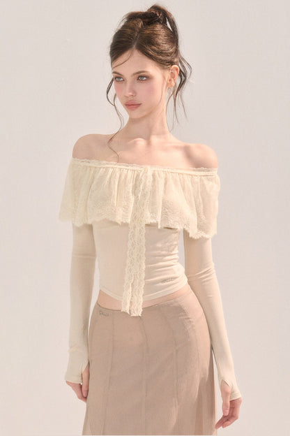 Two-Way Tencel Lace Patchwork Off-Shoulder T-Shirt