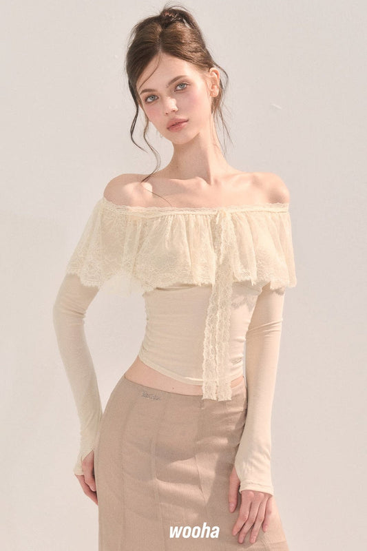 Two-Way Tencel Lace Patchwork Off-Shoulder T-Shirt