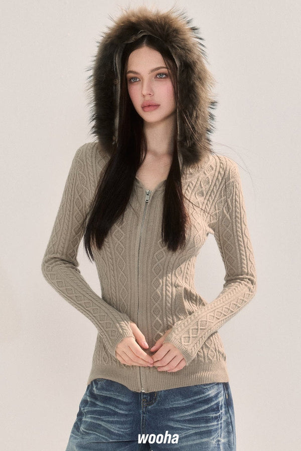 Raccoon Fur Hood Cable-Knit Sweater
