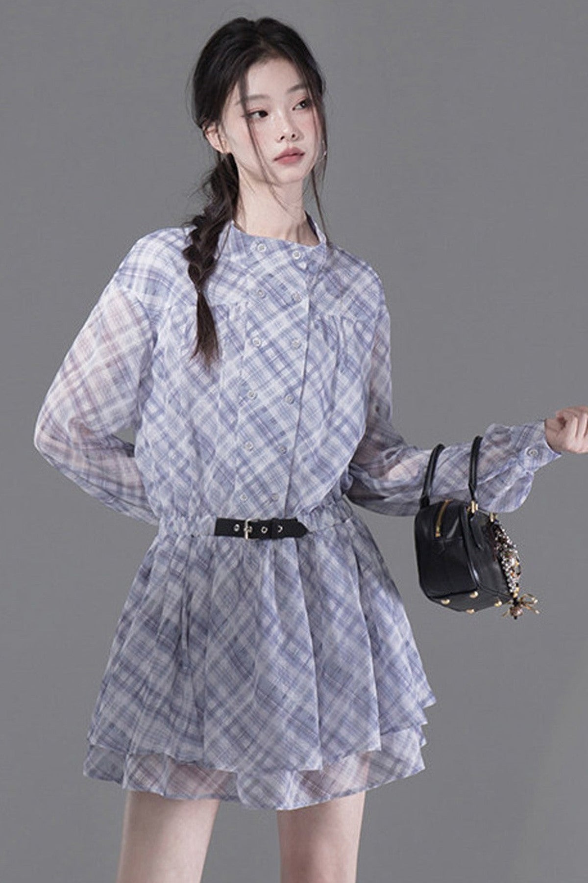 Double-Breasted Deconstructed Double-Layer Plaid Shirt Dress