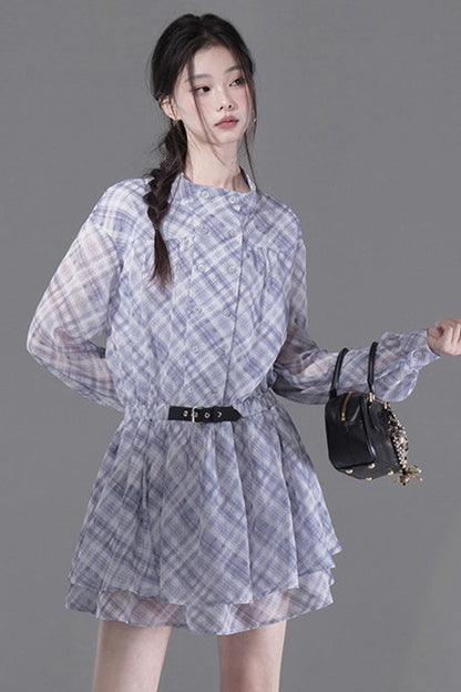 Double-Breasted Deconstructed Double-Layer Plaid Shirt Dress