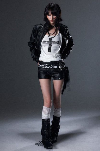 Veste en cuir punk vieilli à double boutonnage