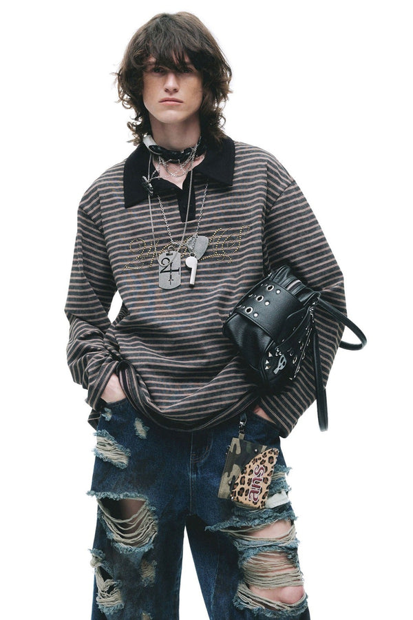 Color-Blocked Striped Rhinestone T-Shirt