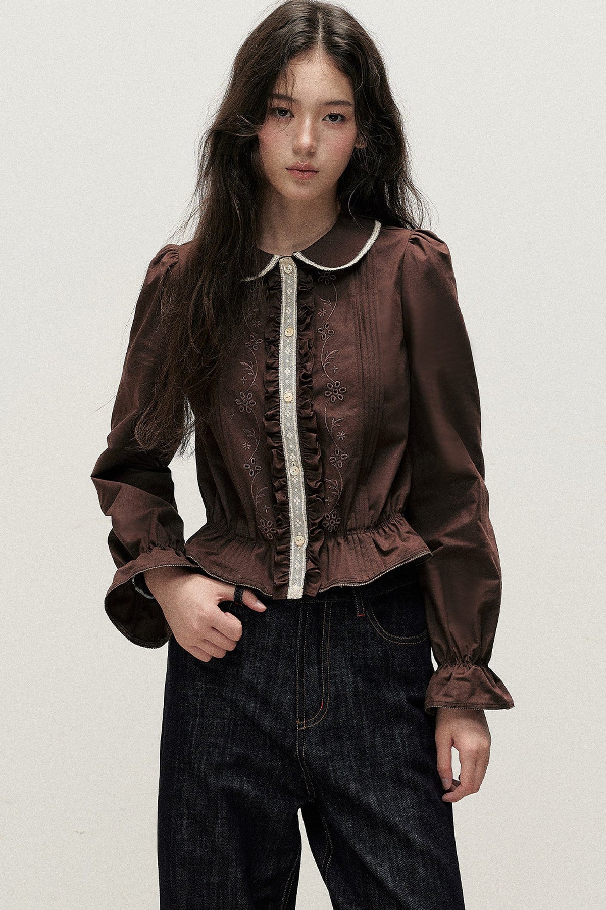 Brown Cotton Linen Lace Trim Shirt